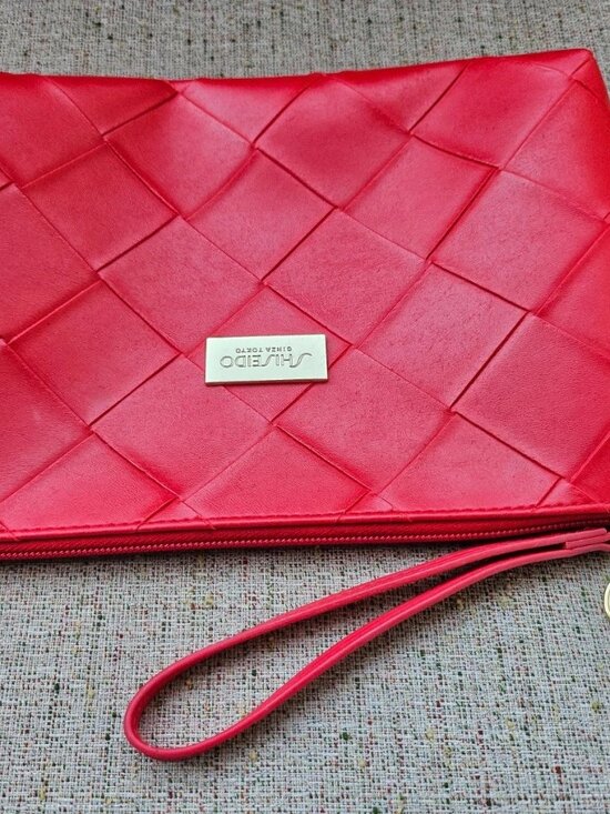 Shiseido Handbags - Shiseido Make Up Pouch Red Travel Bag Cosmetic Bag Gold tone Zip Closure